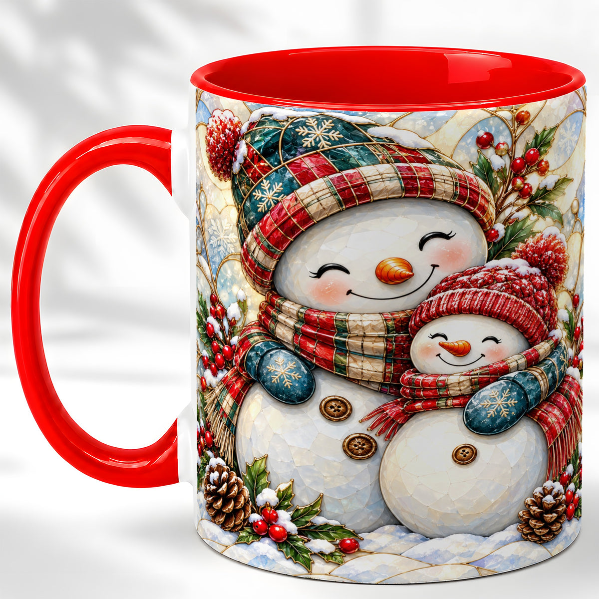Snowman Pair Coffee Mug, Stained Glass Style Mug, Ceramic Cup