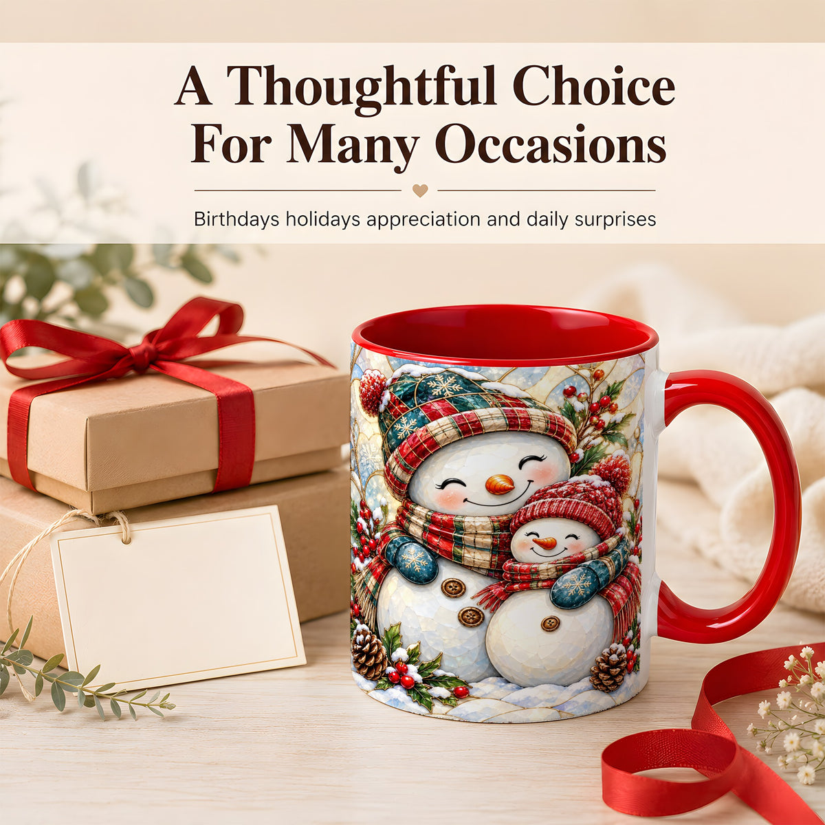#pl[11oz|Red] Snowman Pair Coffee Mug, Stained Glass Style Mug, Ceramic Cup