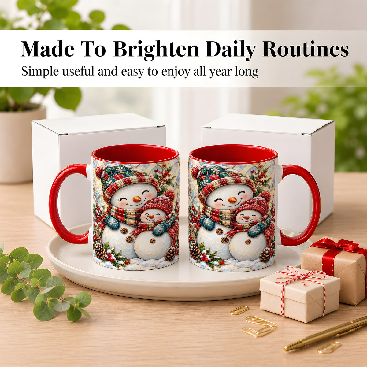 #pl[11oz|Red] Snowman Pair Coffee Mug, Stained Glass Style Mug, Ceramic Cup