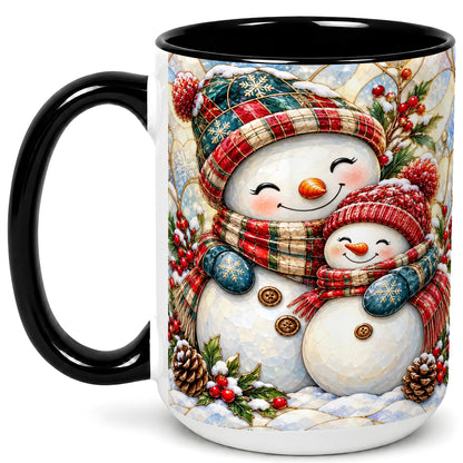 #pl[15oz|Black] Snowman Pair Coffee Mug, Stained Glass Style Mug, Ceramic Cup
