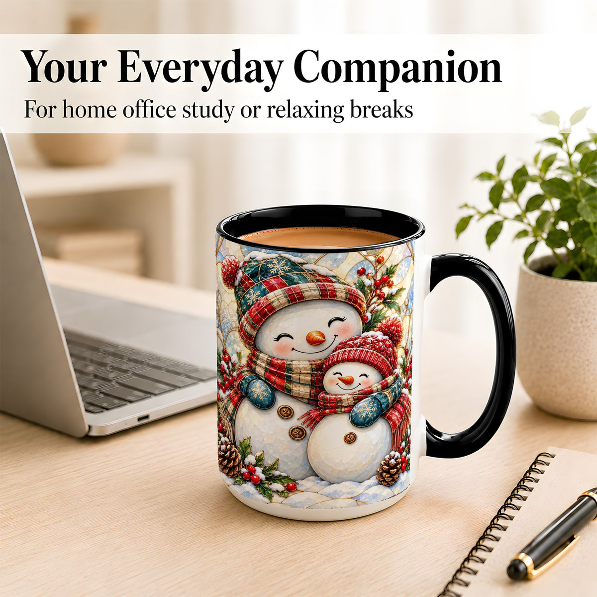 #pl[15oz|Black] Snowman Pair Coffee Mug, Stained Glass Style Mug, Ceramic Cup