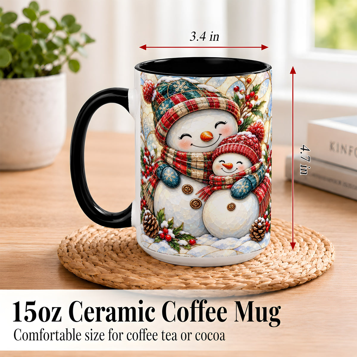 #pl[15oz|Black] Snowman Pair Coffee Mug, Stained Glass Style Mug, Ceramic Cup