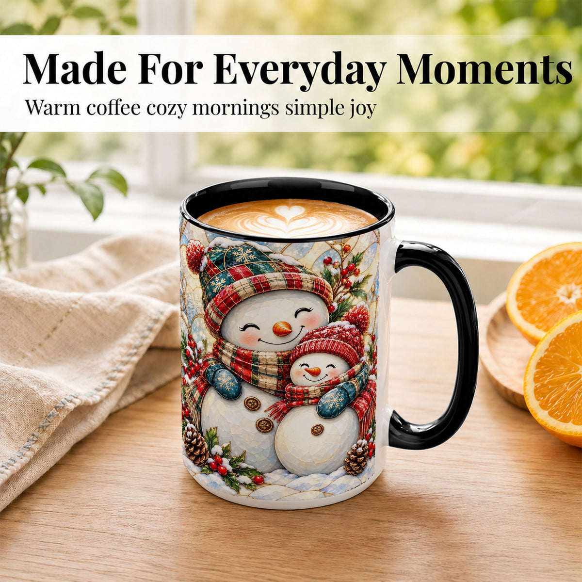 #pl[15oz|Black] Snowman Pair Coffee Mug, Stained Glass Style Mug, Ceramic Cup