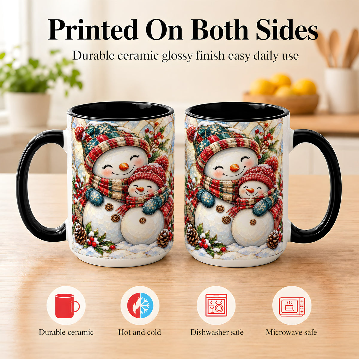 #pl[15oz|Black] Snowman Pair Coffee Mug, Stained Glass Style Mug, Ceramic Cup