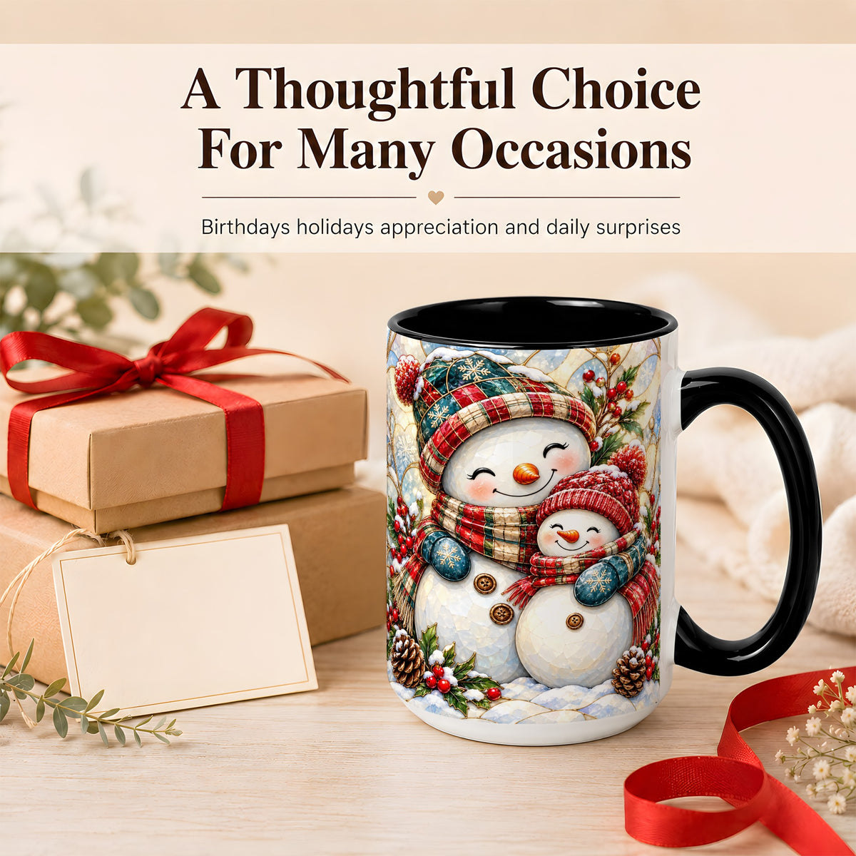 #pl[15oz|Black] Snowman Pair Coffee Mug, Stained Glass Style Mug, Ceramic Cup