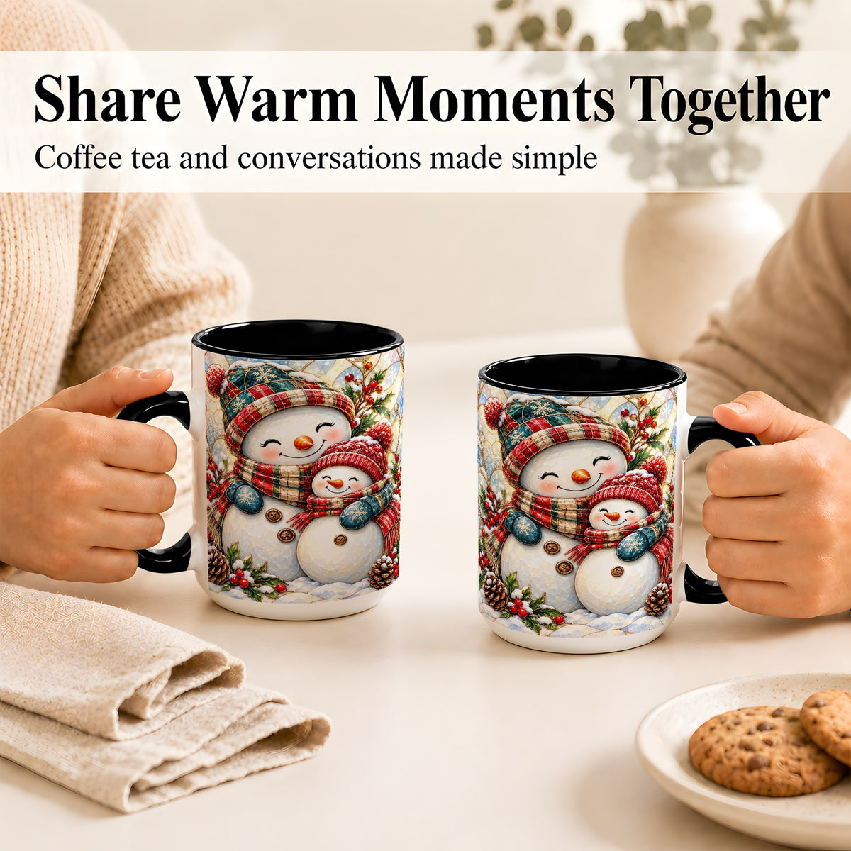 #pl[15oz|Black] Snowman Pair Coffee Mug, Stained Glass Style Mug, Ceramic Cup