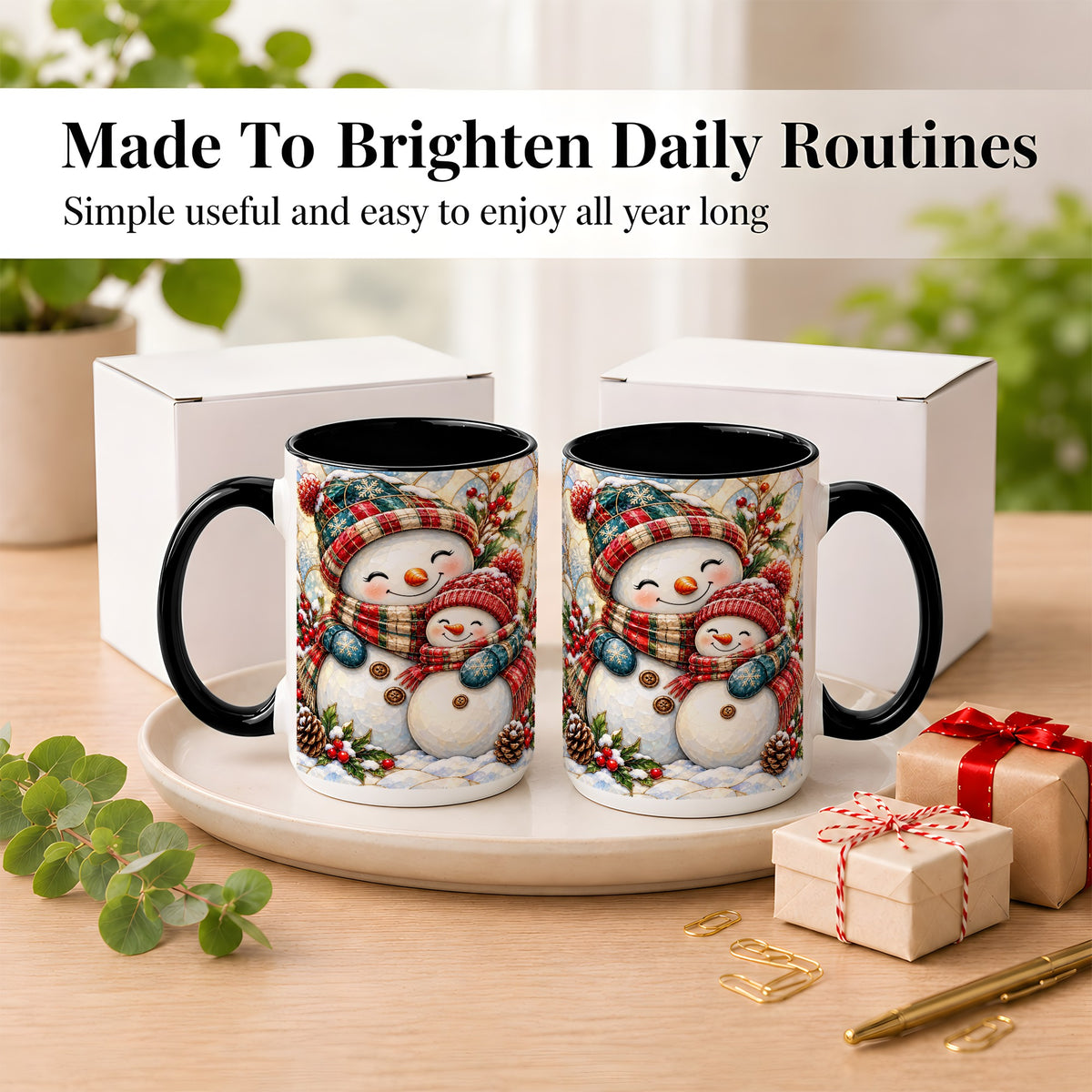 #pl[15oz|Black] Snowman Pair Coffee Mug, Stained Glass Style Mug, Ceramic Cup