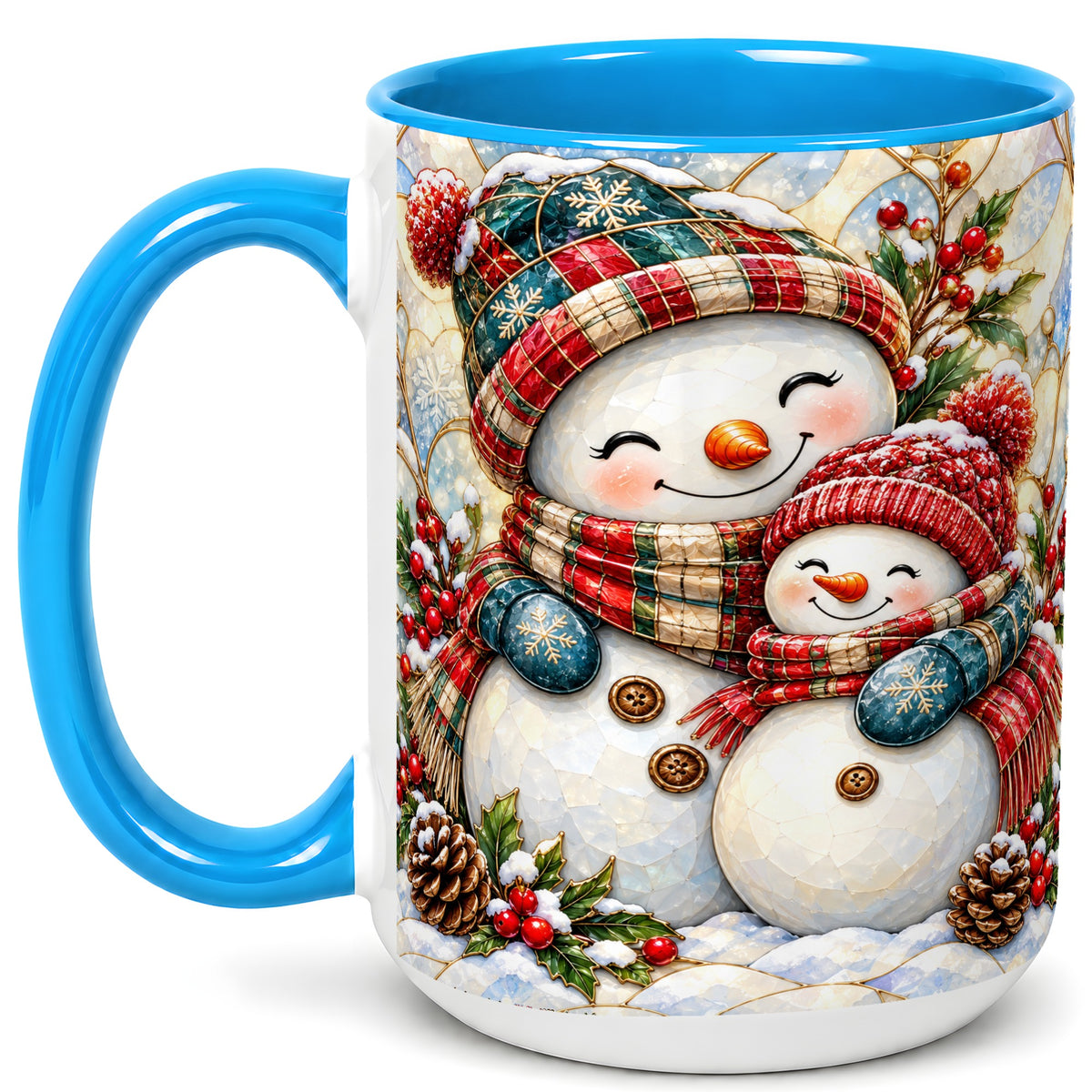 #pl[15oz|Blue] Snowman Pair Coffee Mug, Stained Glass Style Mug, Ceramic Cup
