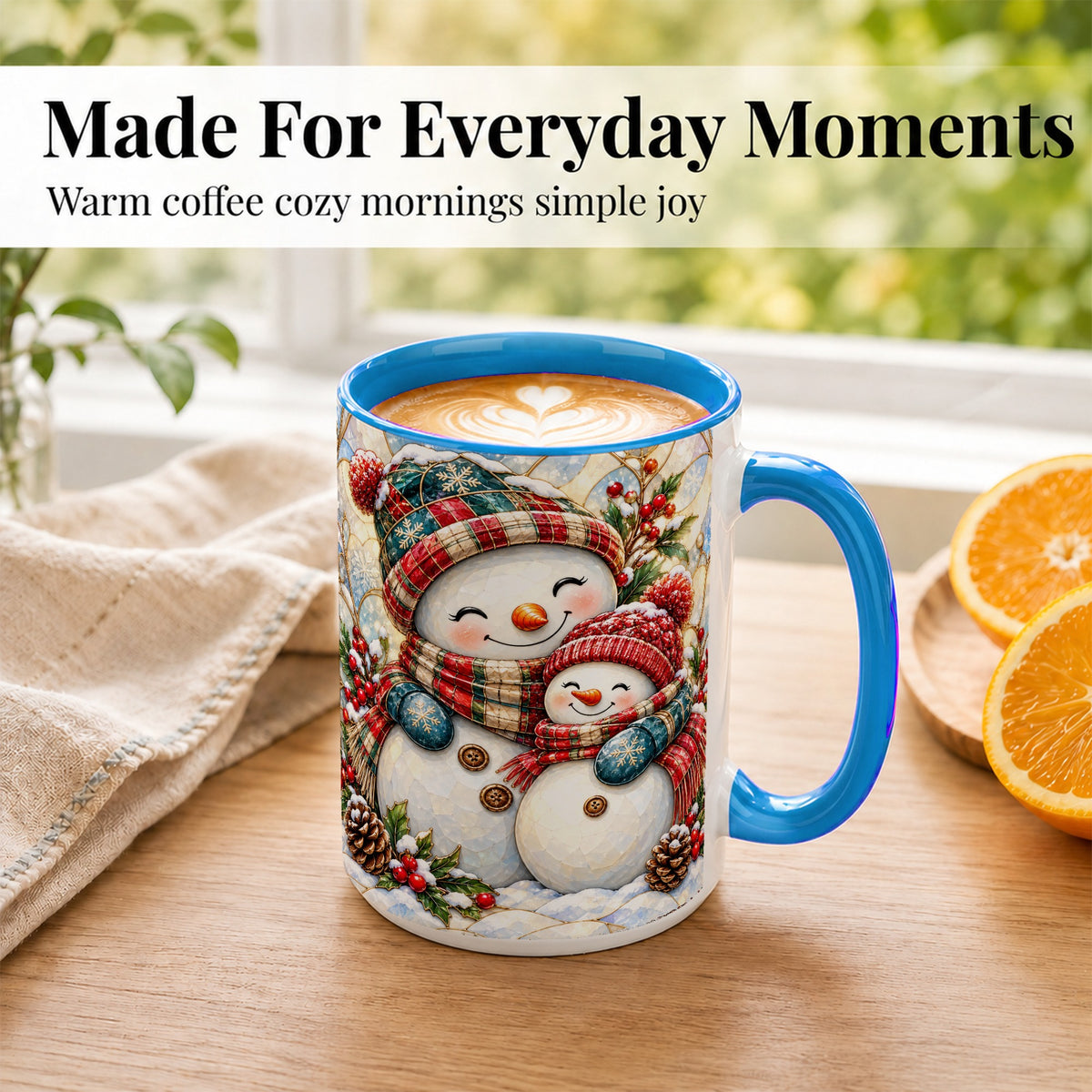 #pl[15oz|Blue] Snowman Pair Coffee Mug, Stained Glass Style Mug, Ceramic Cup