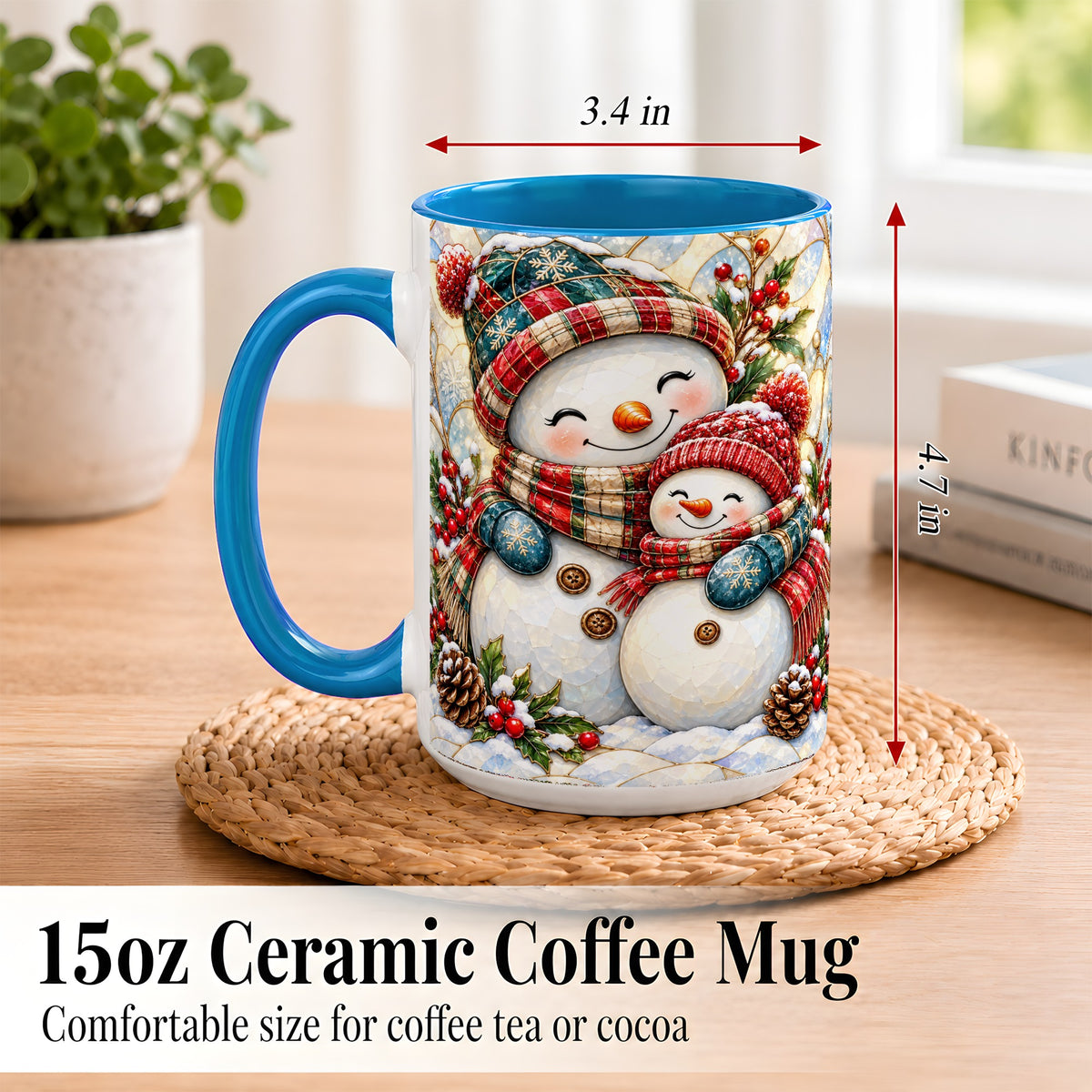 #pl[15oz|Blue] Snowman Pair Coffee Mug, Stained Glass Style Mug, Ceramic Cup