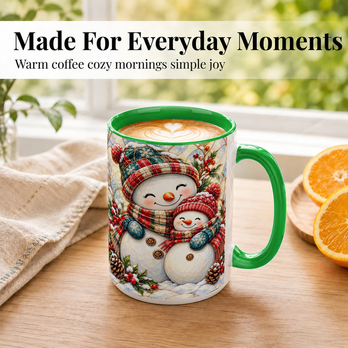 #pl[15oz|Green] Snowman Pair Coffee Mug, Stained Glass Style Mug, Ceramic Cup