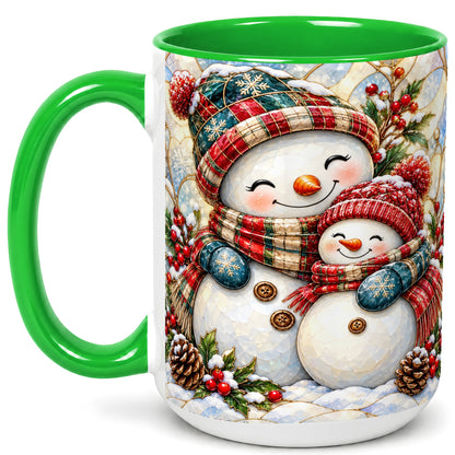 #pl[15oz|Green] Snowman Pair Coffee Mug, Stained Glass Style Mug, Ceramic Cup