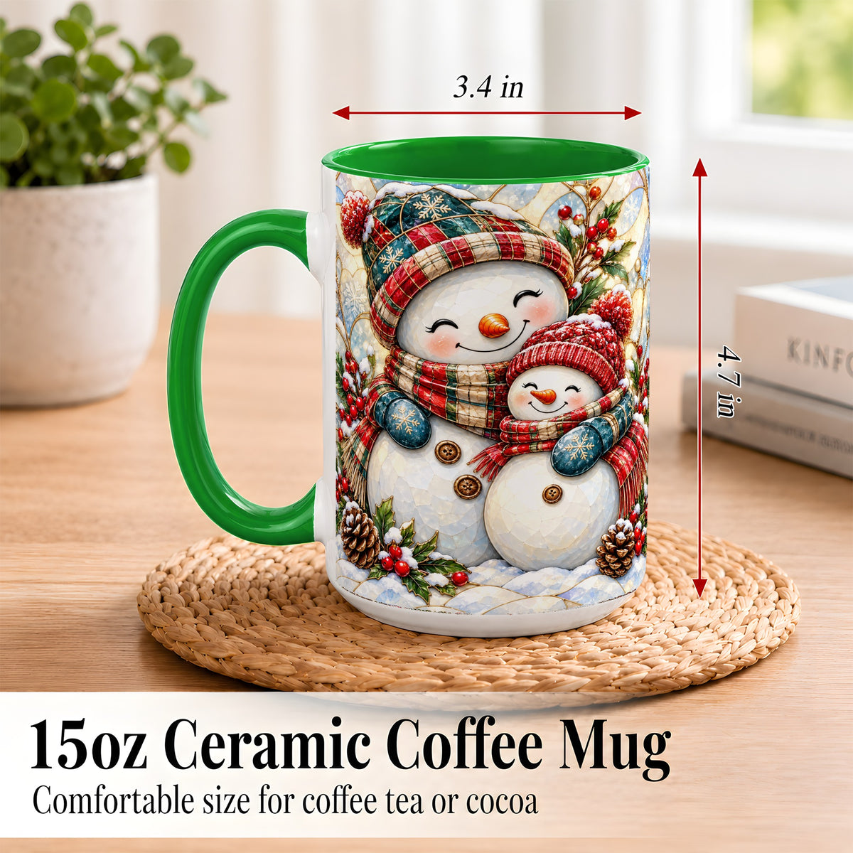 #pl[15oz|Green] Snowman Pair Coffee Mug, Stained Glass Style Mug, Ceramic Cup