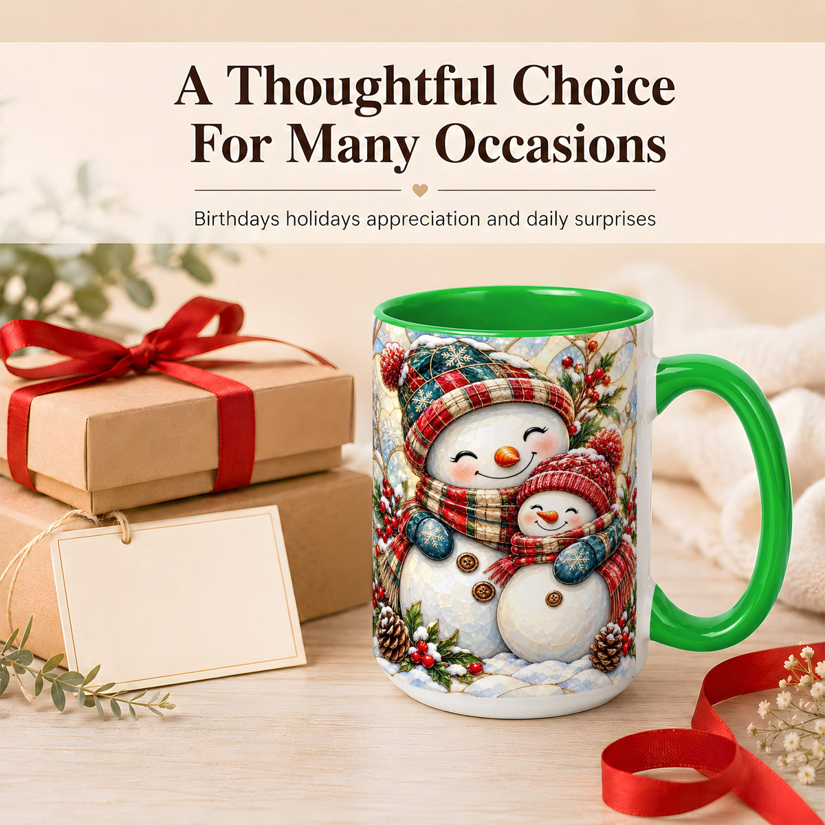 #pl[15oz|Green] Snowman Pair Coffee Mug, Stained Glass Style Mug, Ceramic Cup