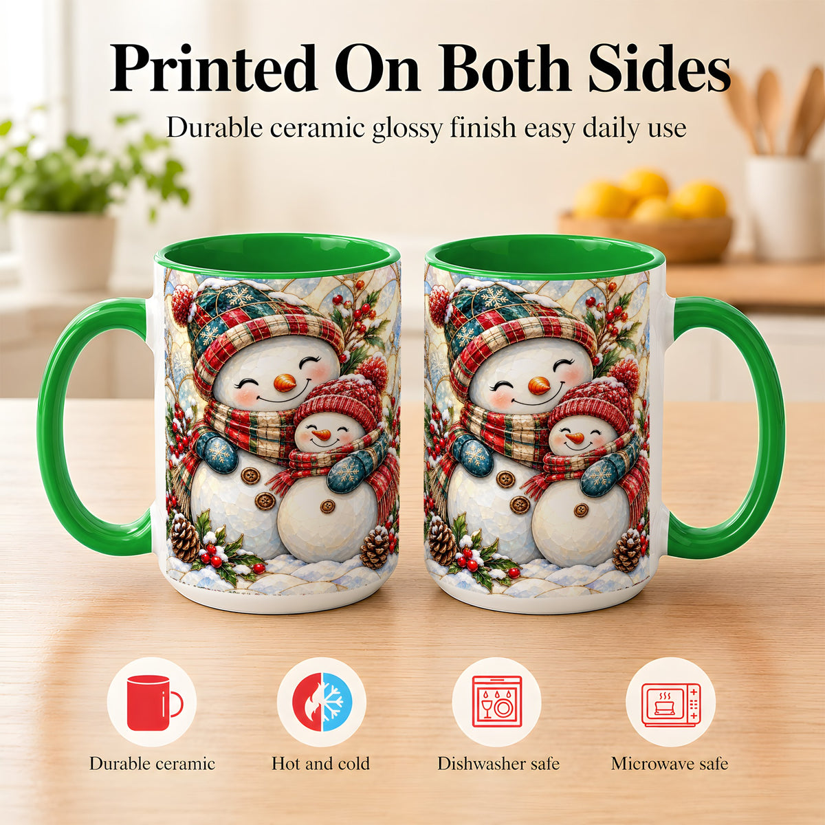 #pl[15oz|Green] Snowman Pair Coffee Mug, Stained Glass Style Mug, Ceramic Cup