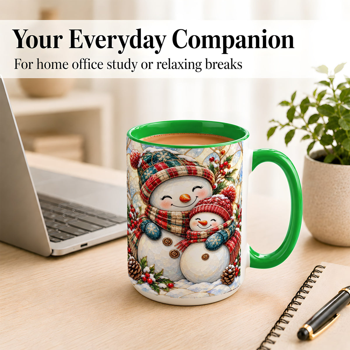#pl[15oz|Green] Snowman Pair Coffee Mug, Stained Glass Style Mug, Ceramic Cup