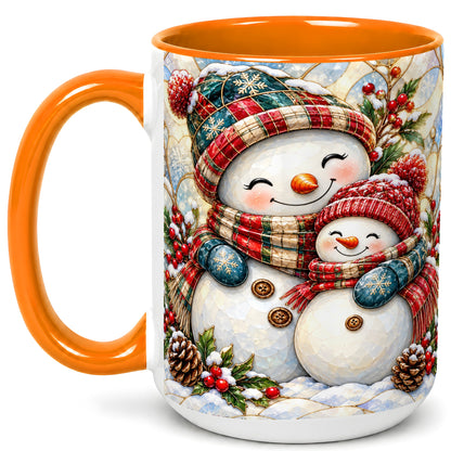 #pl[15oz|Orange] Snowman Pair Coffee Mug, Stained Glass Style Mug, Ceramic Cup