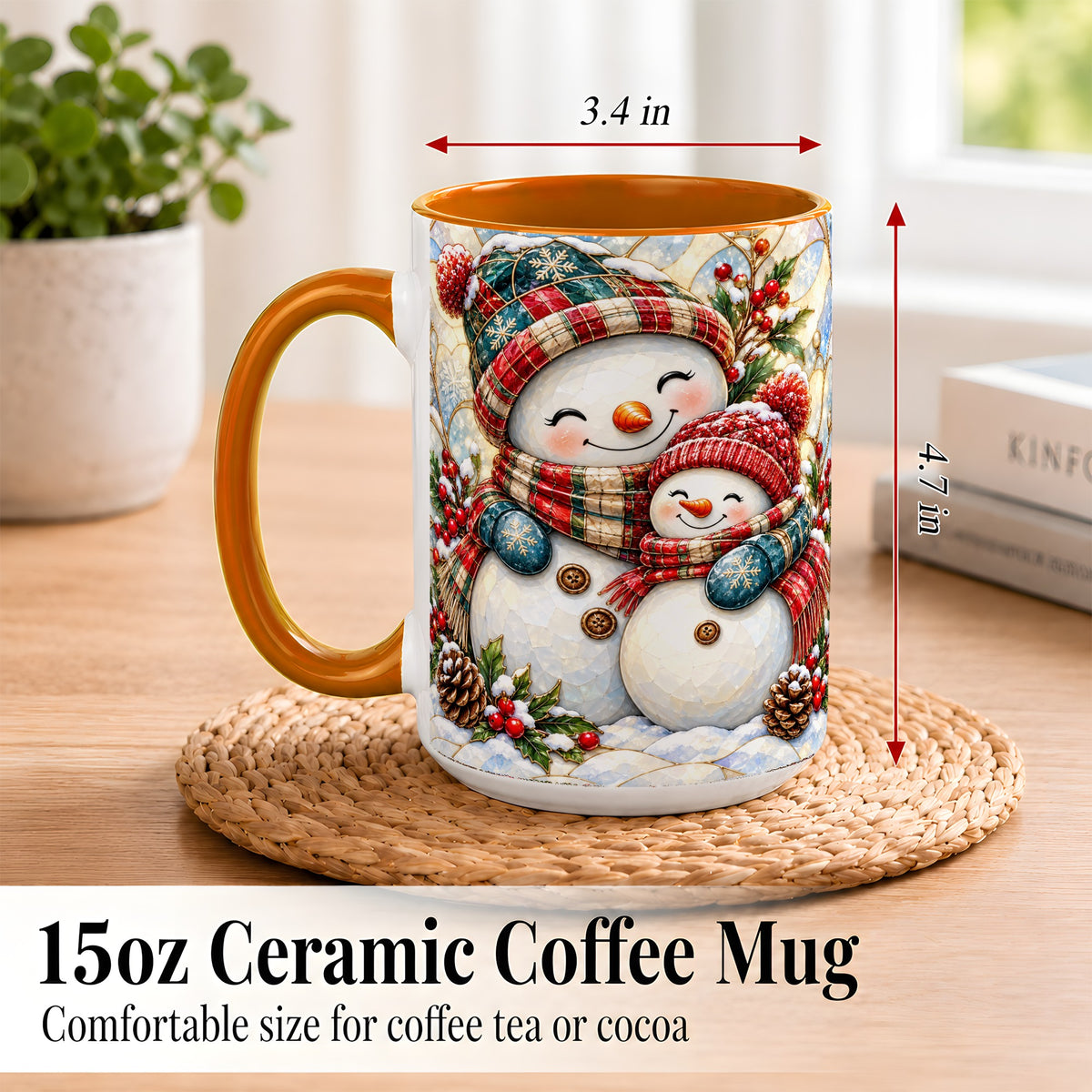 #pl[15oz|Orange] Snowman Pair Coffee Mug, Stained Glass Style Mug, Ceramic Cup