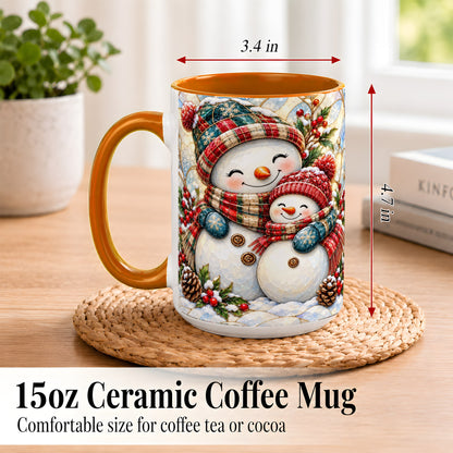 #pl[15oz|Orange] Snowman Pair Coffee Mug, Stained Glass Style Mug, Ceramic Cup