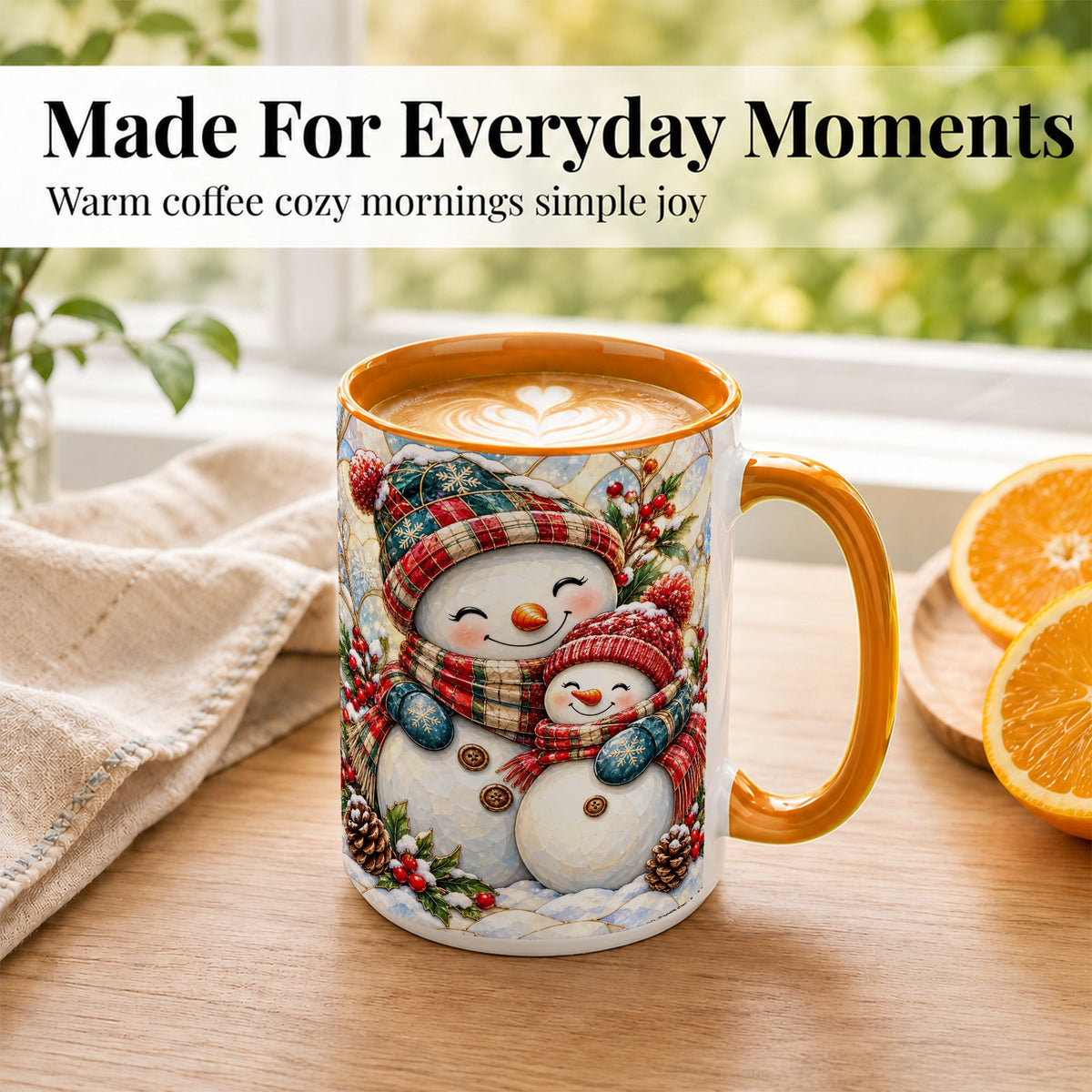 #pl[15oz|Orange] Snowman Pair Coffee Mug, Stained Glass Style Mug, Ceramic Cup