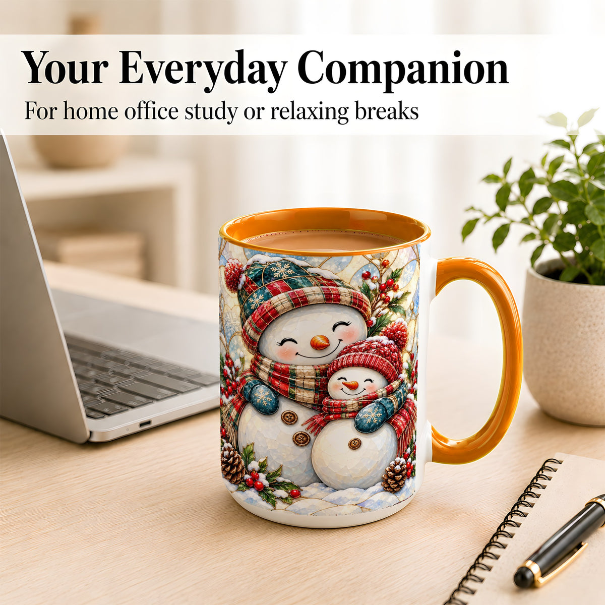 #pl[15oz|Orange] Snowman Pair Coffee Mug, Stained Glass Style Mug, Ceramic Cup