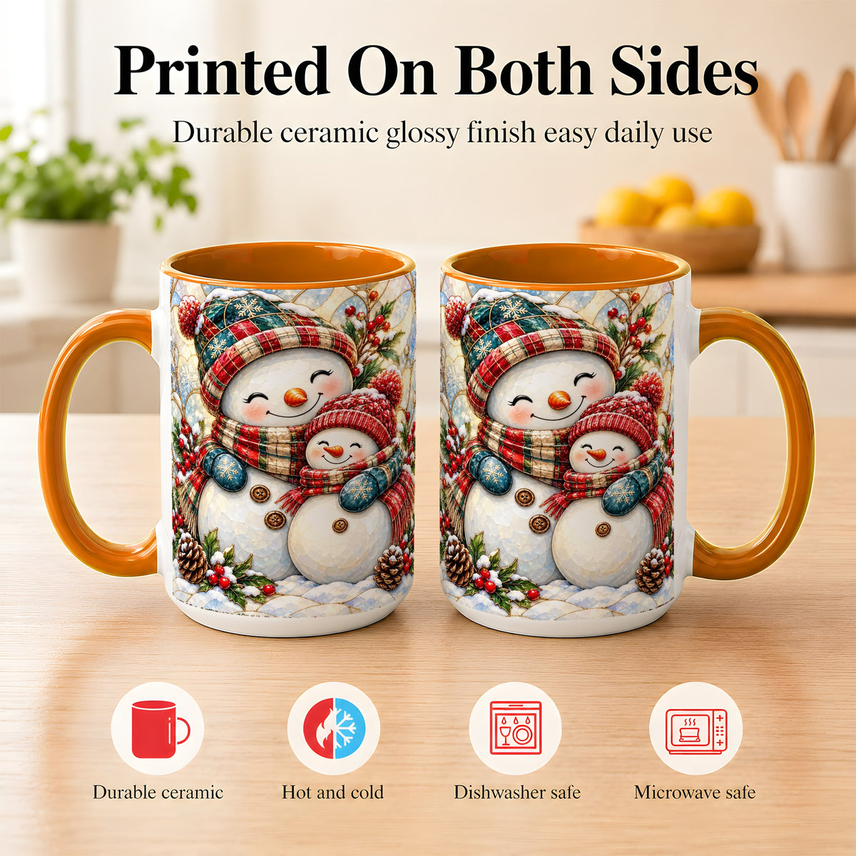 #pl[15oz|Orange] Snowman Pair Coffee Mug, Stained Glass Style Mug, Ceramic Cup