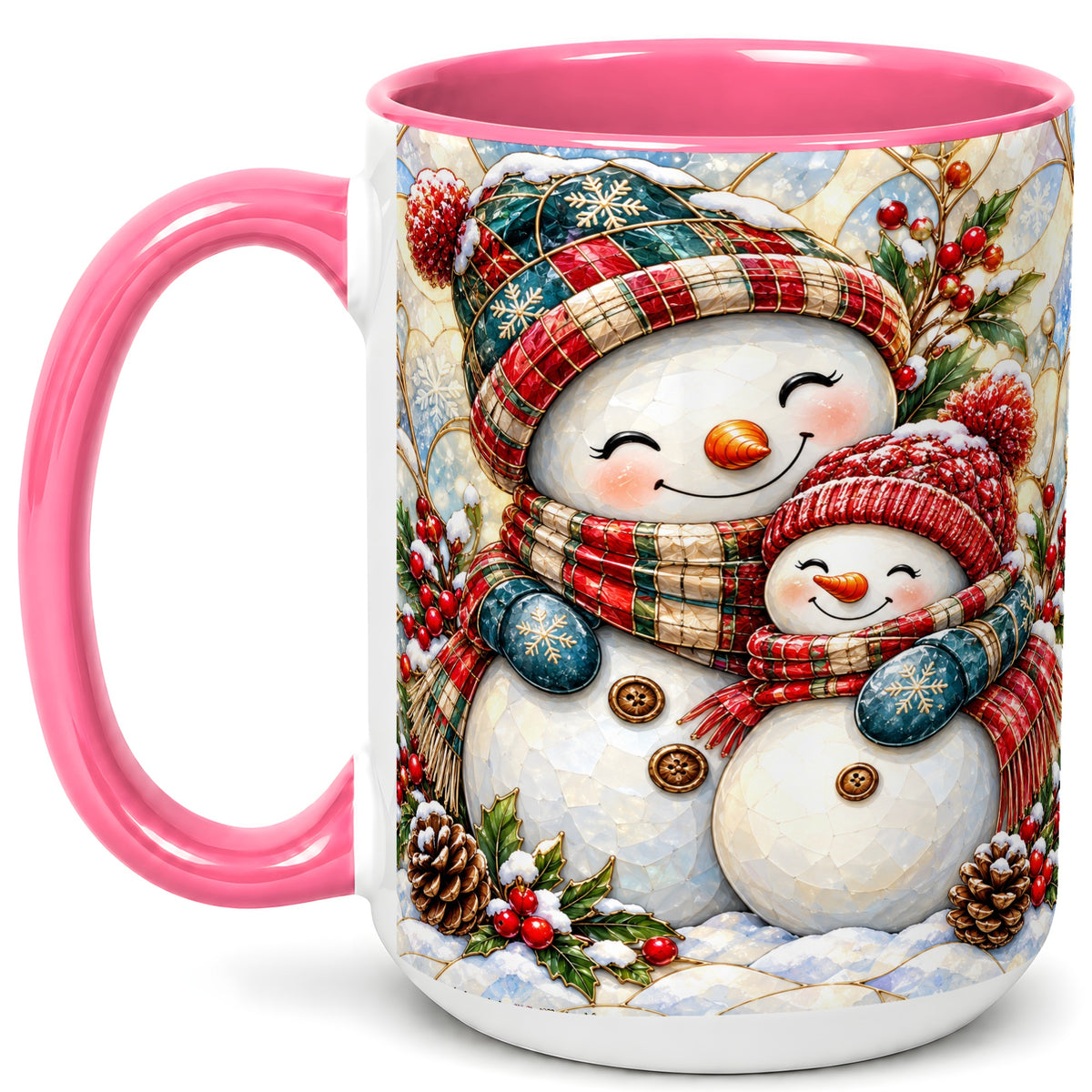 #pl[15oz|Pink] Snowman Pair Coffee Mug, Stained Glass Style Mug, Ceramic Cup