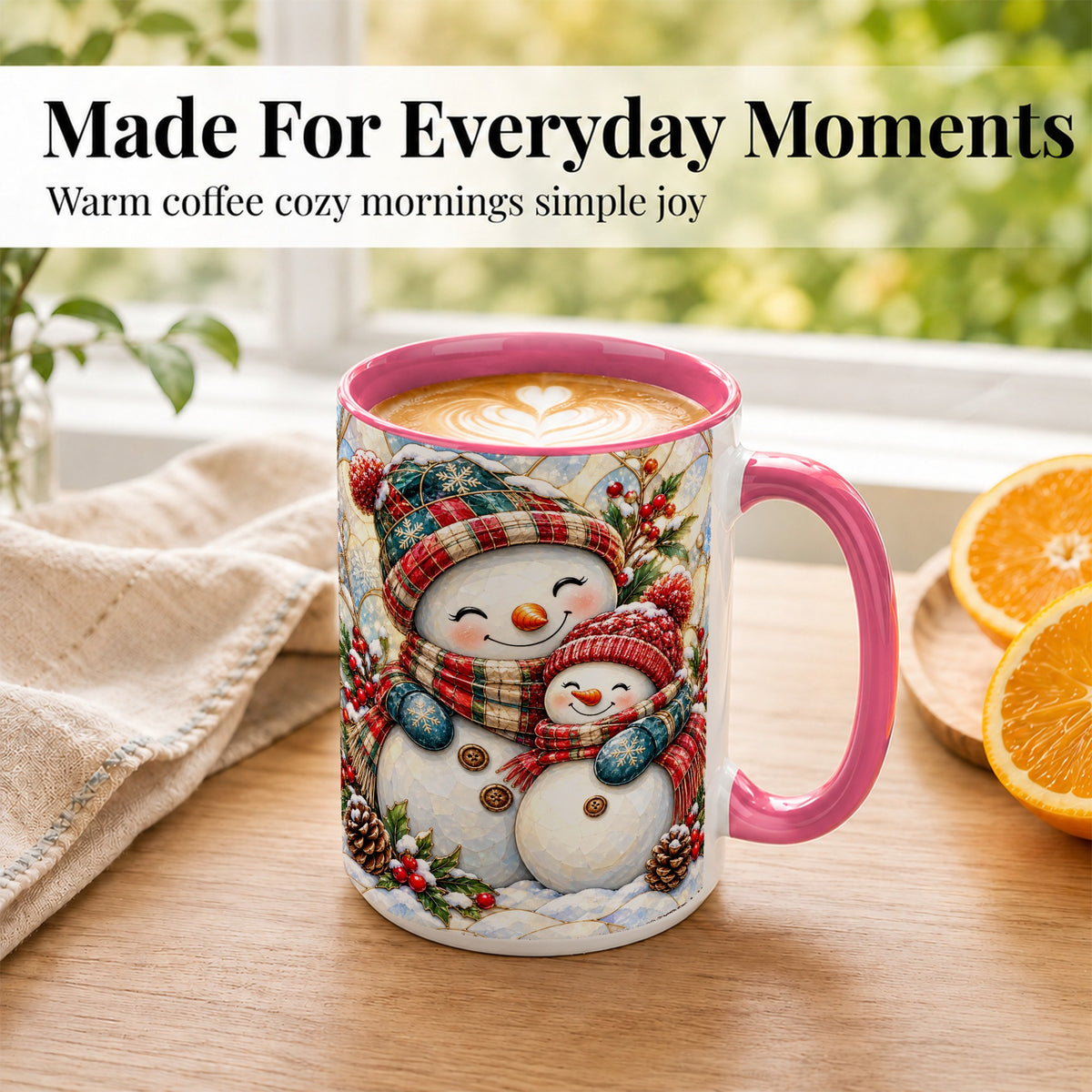 #pl[15oz|Pink] Snowman Pair Coffee Mug, Stained Glass Style Mug, Ceramic Cup