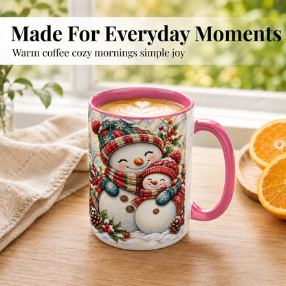 #pl[15oz|Pink] Snowman Pair Coffee Mug, Stained Glass Style Mug, Ceramic Cup