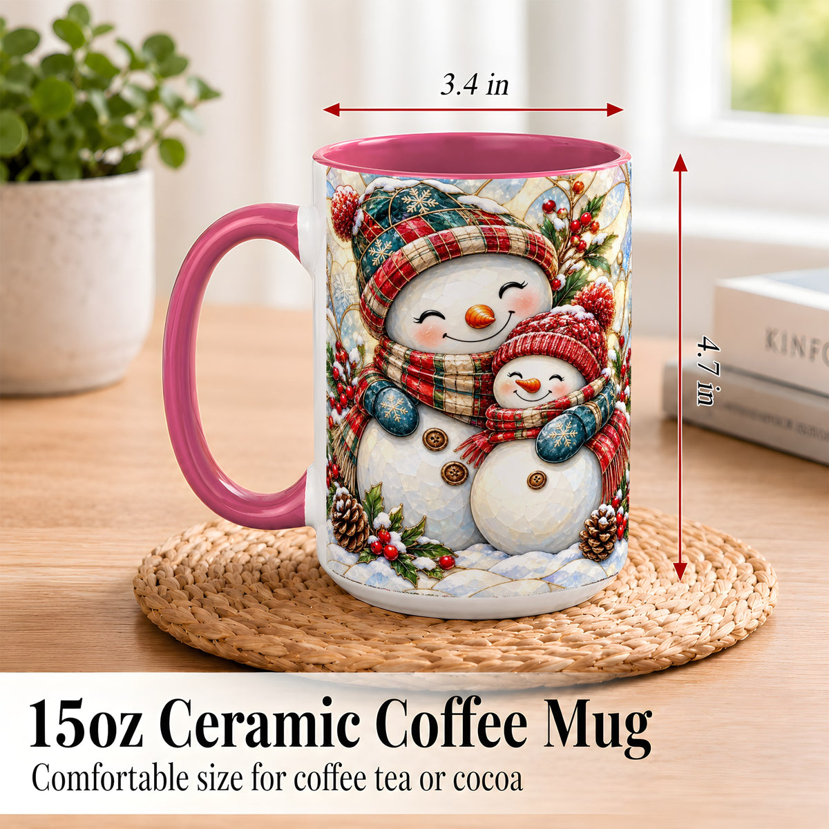 #pl[15oz|Pink] Snowman Pair Coffee Mug, Stained Glass Style Mug, Ceramic Cup