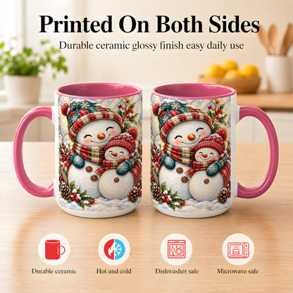 #pl[15oz|Pink] Snowman Pair Coffee Mug, Stained Glass Style Mug, Ceramic Cup