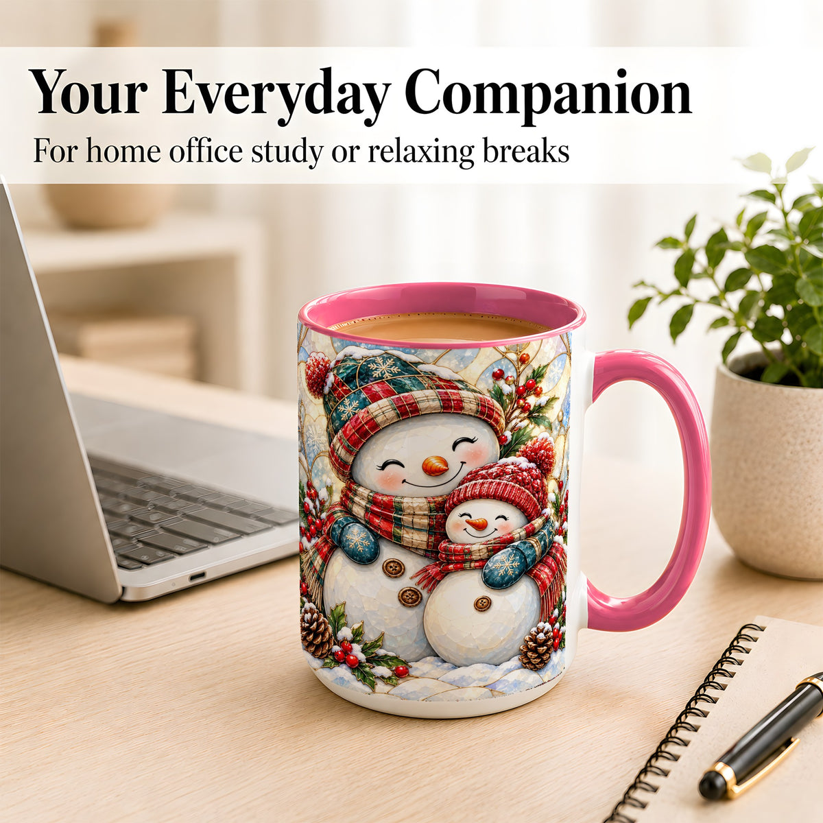 #pl[15oz|Pink] Snowman Pair Coffee Mug, Stained Glass Style Mug, Ceramic Cup