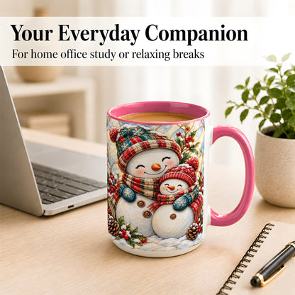 #pl[15oz|Pink] Snowman Pair Coffee Mug, Stained Glass Style Mug, Ceramic Cup