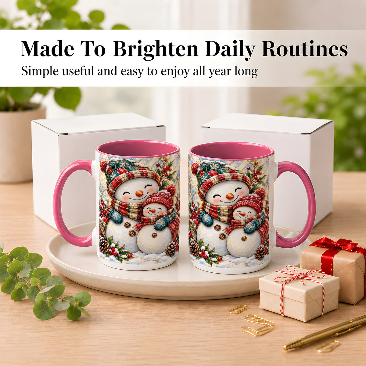 #pl[15oz|Pink] Snowman Pair Coffee Mug, Stained Glass Style Mug, Ceramic Cup