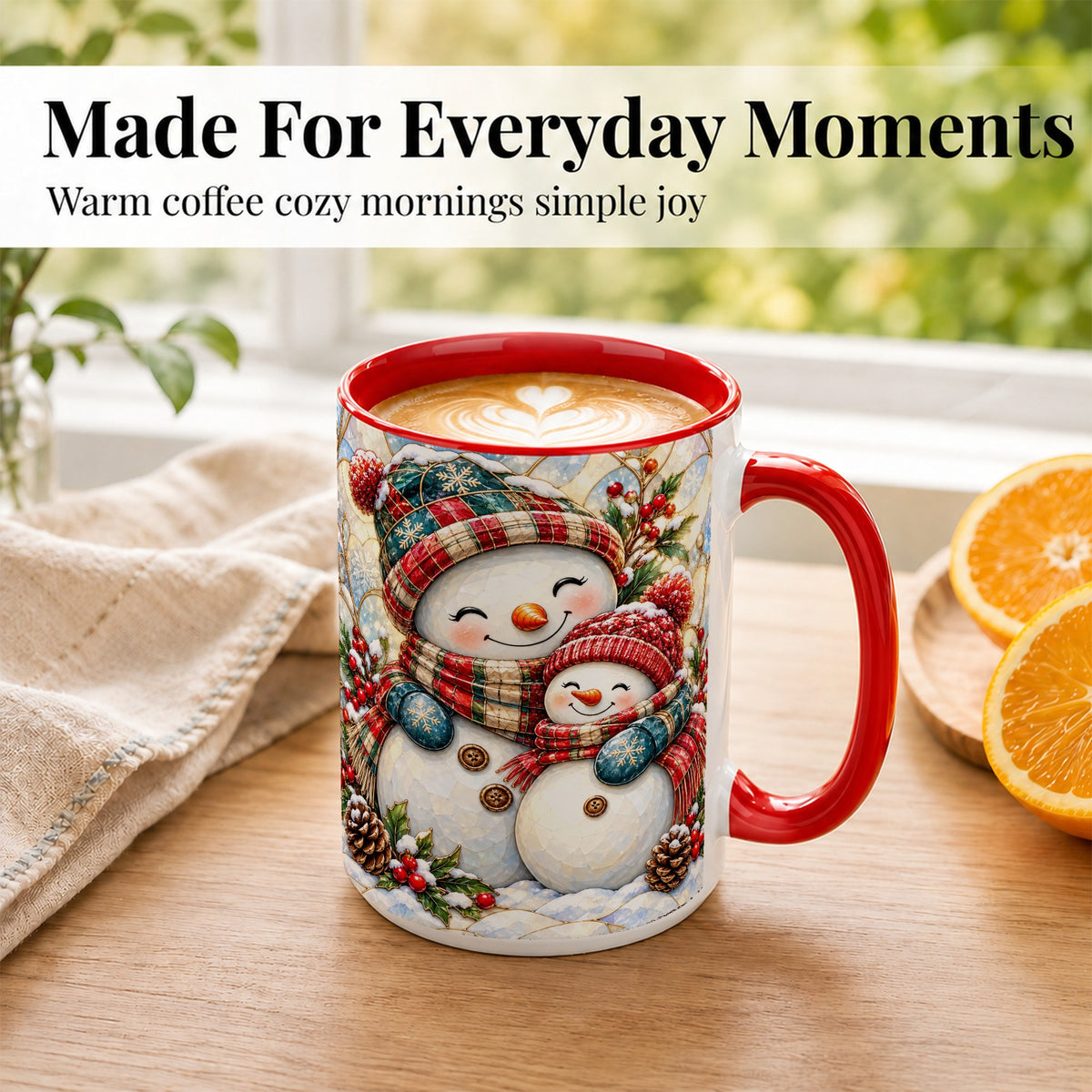 #pl[15oz|Red] Snowman Pair Coffee Mug, Stained Glass Style Mug, Ceramic Cup