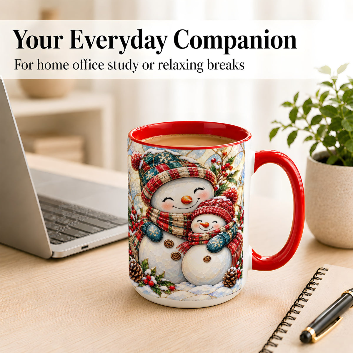 #pl[15oz|Red] Snowman Pair Coffee Mug, Stained Glass Style Mug, Ceramic Cup