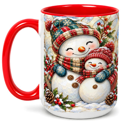 #pl[15oz|Red] Snowman Pair Coffee Mug, Stained Glass Style Mug, Ceramic Cup