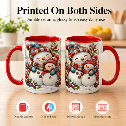 #pl[15oz|Red] Snowman Pair Coffee Mug, Stained Glass Style Mug, Ceramic Cup