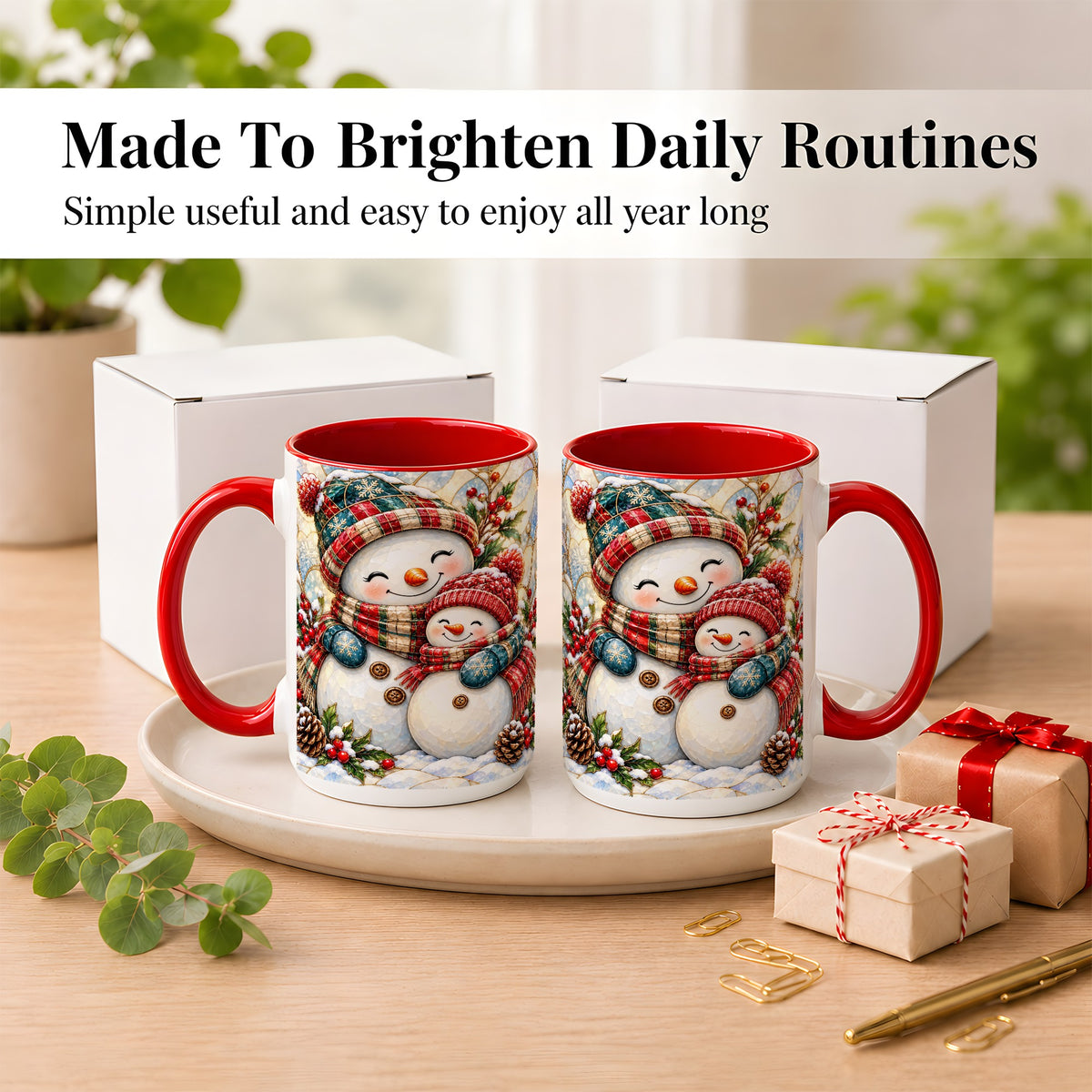 #pl[15oz|Red] Snowman Pair Coffee Mug, Stained Glass Style Mug, Ceramic Cup