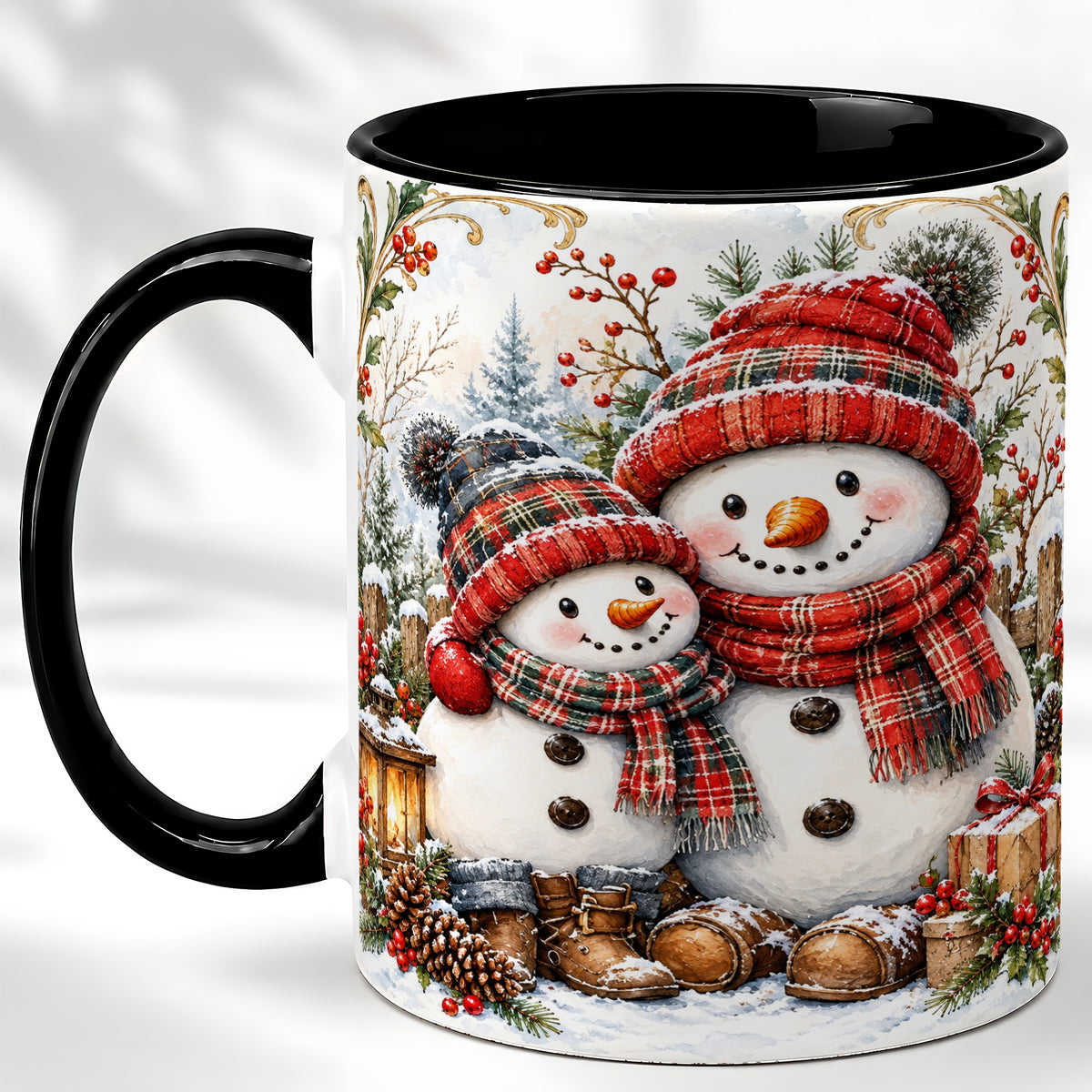 #pl[11oz|Black] Snowman Family Coffee Mug, Rustic Winter Mug, Ceramic Cup