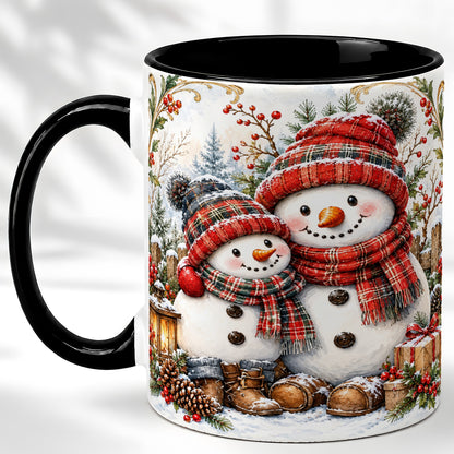 #pl[11oz|Black] Snowman Family Coffee Mug, Rustic Winter Mug, Ceramic Cup