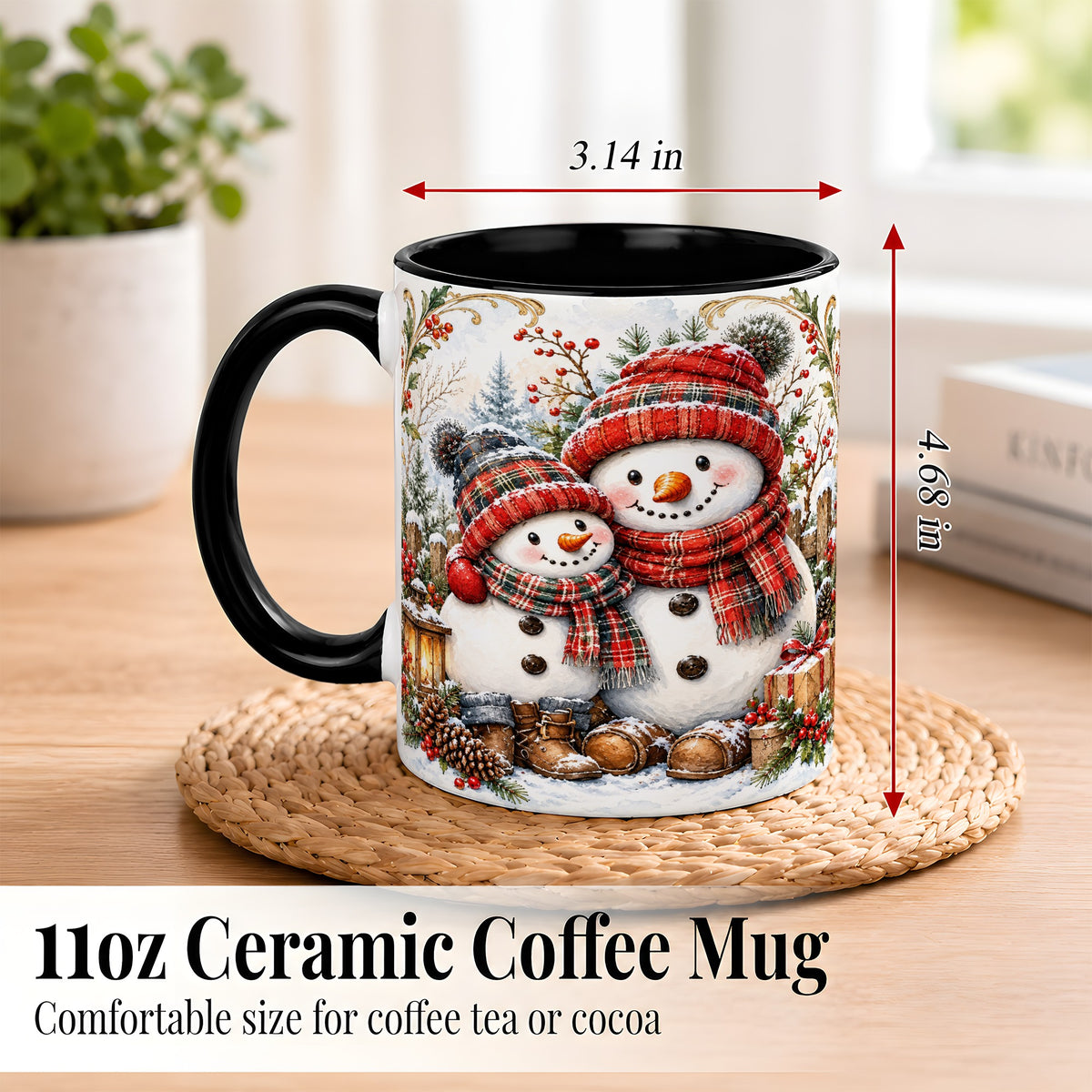 #pl[11oz|Black] Snowman Family Coffee Mug, Rustic Winter Mug, Ceramic Cup