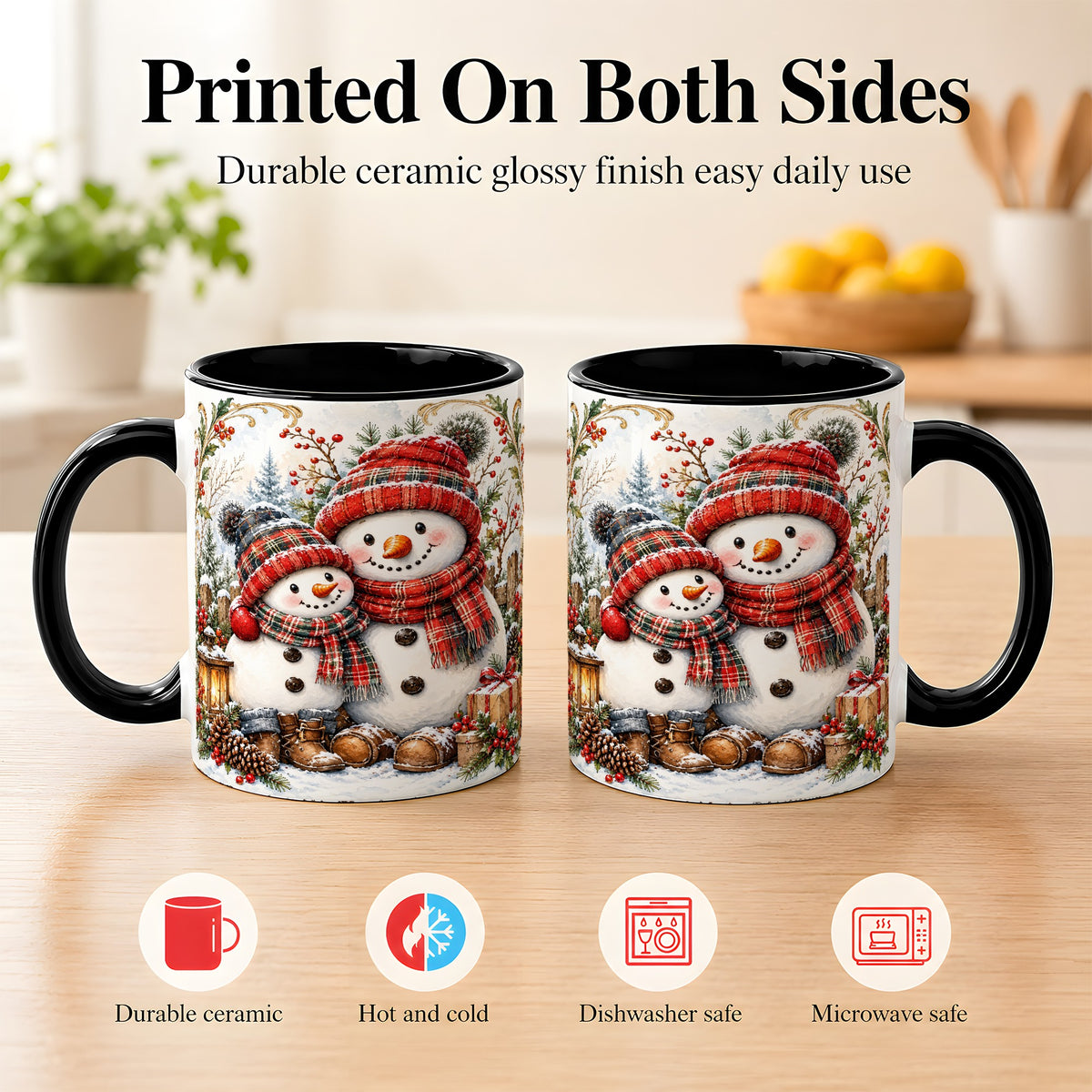 #pl[11oz|Black] Snowman Family Coffee Mug, Rustic Winter Mug, Ceramic Cup
