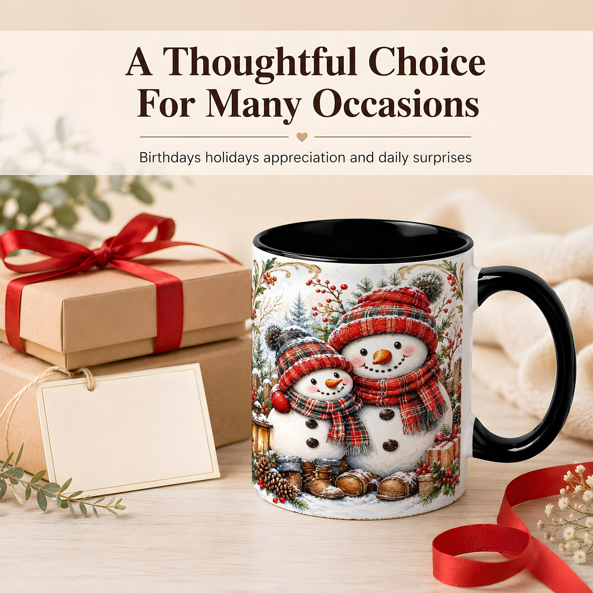 #pl[11oz|Black] Snowman Family Coffee Mug, Rustic Winter Mug, Ceramic Cup