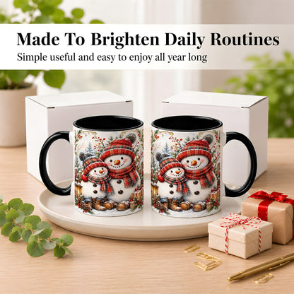 #pl[11oz|Black] Snowman Family Coffee Mug, Rustic Winter Mug, Ceramic Cup