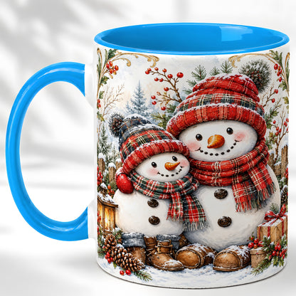 #pl[11oz|Blue] Snowman Family Coffee Mug, Rustic Winter Mug, Ceramic Cup