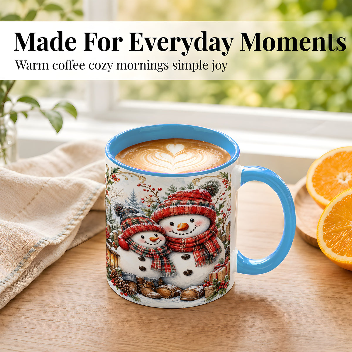 #pl[11oz|Blue] Snowman Family Coffee Mug, Rustic Winter Mug, Ceramic Cup