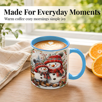 #pl[11oz|Blue] Snowman Family Coffee Mug, Rustic Winter Mug, Ceramic Cup