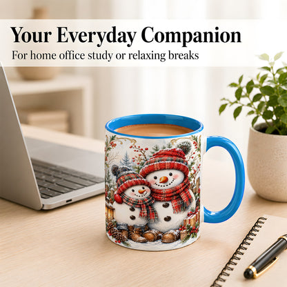 #pl[11oz|Blue] Snowman Family Coffee Mug, Rustic Winter Mug, Ceramic Cup