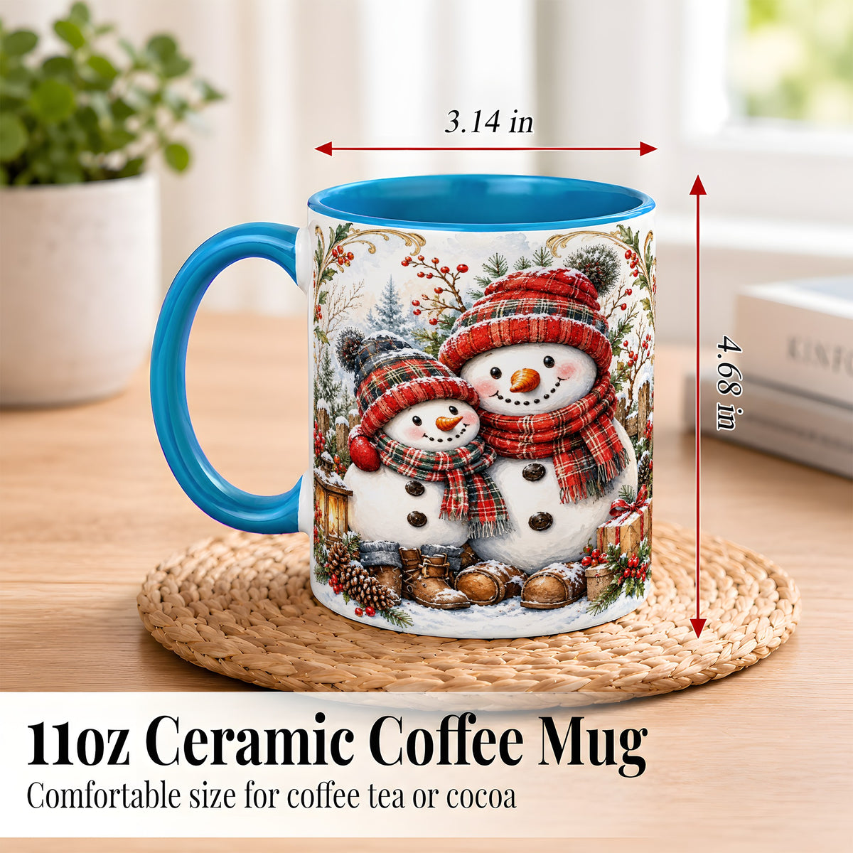 #pl[11oz|Blue] Snowman Family Coffee Mug, Rustic Winter Mug, Ceramic Cup